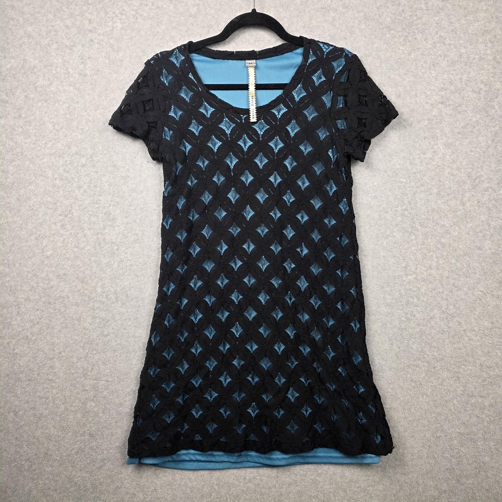 Geometric Crochet Lace Dress Womens XS Black Blue Shift Short Sleeve Lined‎
